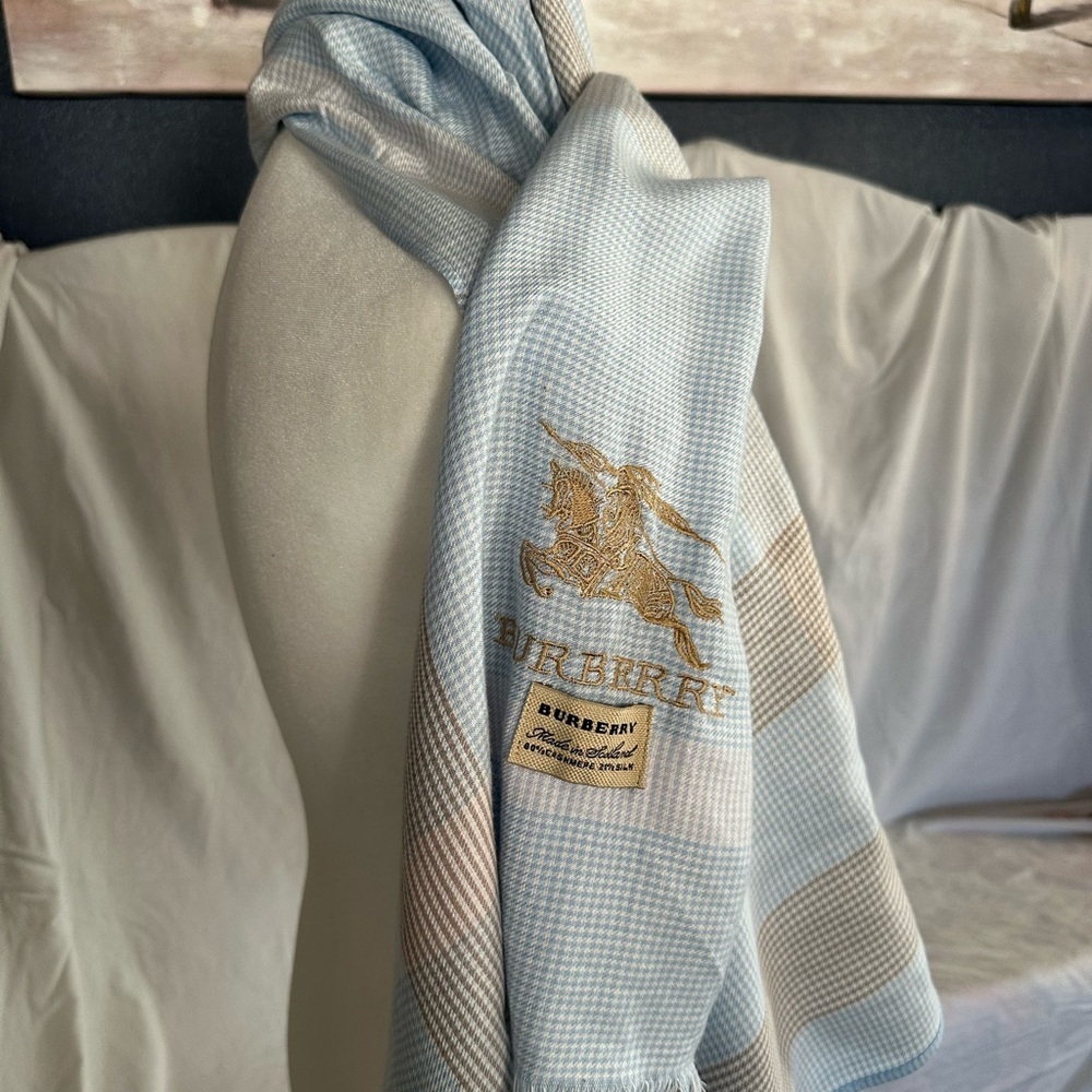 Burberry Pastel Blue and Beige Checkered Scarf